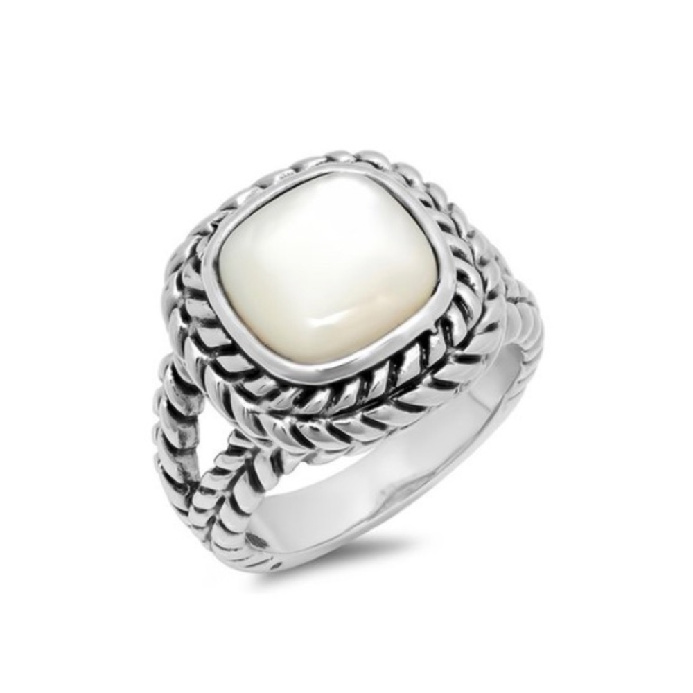 New! Silvertone mother of pearl antique square ring size 8